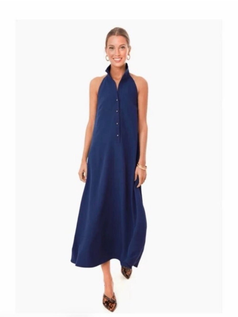 Tuckernuck Navy Blue Jagger Dress size XS Halter Neck Midi with Gold Buttons